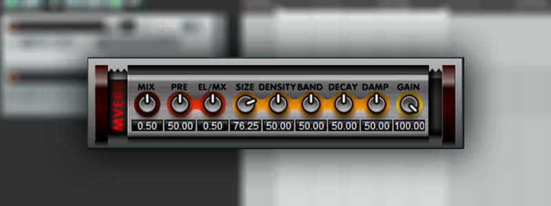 The digital audio plugin interface displays various controls and sliders, each labeled with terms such as mix, pre, el/mx, size, density, band, decay, damp, and gain. Numerical values indicate the current settings for each control. The brand "MVerb" is prominently visible on the left side of the interface.