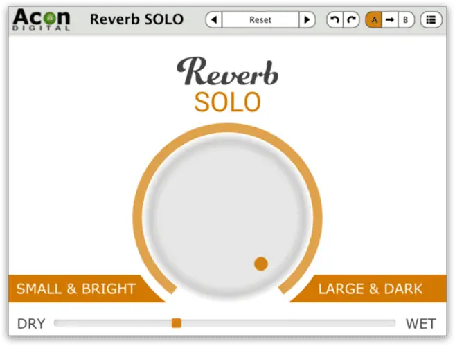 The Acon Digital Reverb SOLO plugin interface showcases a prominent central knob that includes a single orange dot. The settings range from "Small & Bright" on the left side to "Large & Dark" on the right. At the bottom of the interface, users will find a "Reset" button alongside a wet/dry mix slider for additional control.