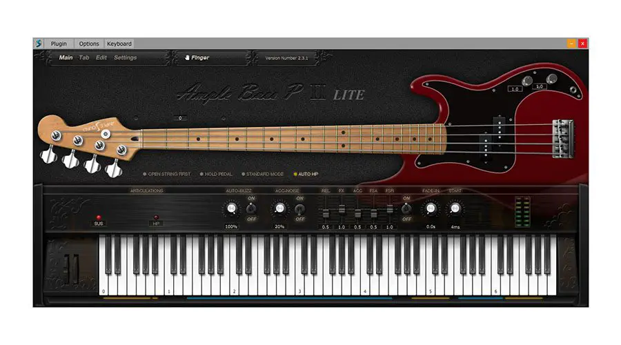 Screenshot of a virtual instrument software interface featuring a bass guitar with visible strings, tuning pegs, and fretboard on the upper half. The lower half displays a virtual keyboard with various controls, knobs, and settings for sound manipulation.