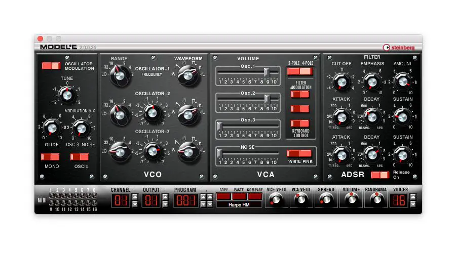 A detailed image of the Model-E, a virtual analog synthesizer interface by Steinberg. The interface includes various controls such as oscillators, filters, volume sliders, envelopes, and modulation options, with labels and numerical indicators.