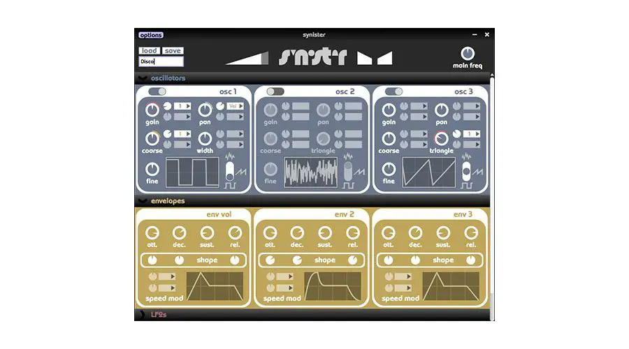 A user interface for a synthesizer plugin named "synth1" with visual controls for oscillators, envelopes, and LFOs. The interface features knobs, sliders, and waveform displays for controlling different sound parameters like gain, noise, pulse, and triangle.