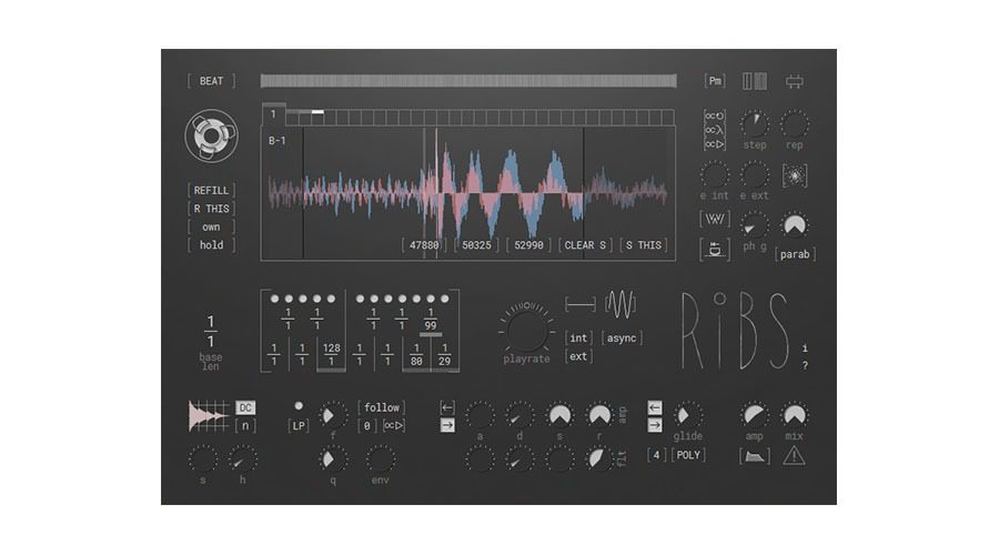 A user interface of an audio software plugin presents various controls and displays. Dominating the center, a waveform is depicted with distinct pink and blue sections. Surrounding this vibrant centerpiece are numerous knobs, sliders, and buttons intended for adjusting different audio parameters. On the right side of the interface, the text "Ribs" is prominently displayed.