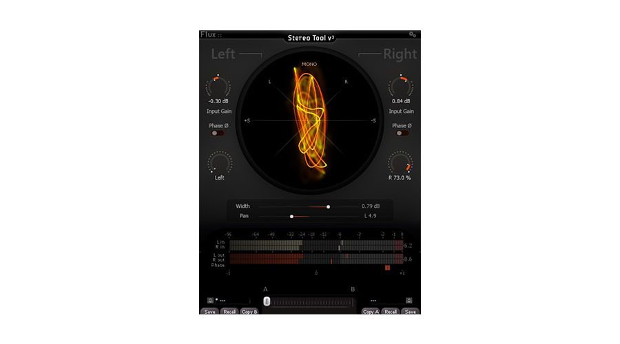 A stereo tool plugin with a visualizer display in the center showcases complex, bright waveforms. Within the interface are left and right gain knobs, phase adjustments, width and pan controls, alongside metering bars positioned at the bottom.