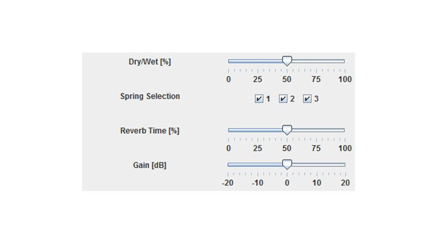Presented is an audio effects interface equipped with sliders and checkboxes. It offers controls for adjusting Dry/Wet percentage, ranging from 0 to 100%, as well as a Spring Selection feature with three checkbox options labeled 1, 2, and 3. Additionally, users can fine-tune the Reverb Time percentage within the same range of 0 to 100%, and set Gain levels between -20 to +20 decibels.