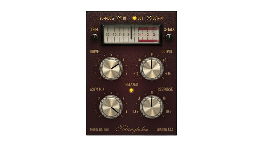 Screenshot of Klanghelm IVGI UI. It features knobs labeled "Drive," "ASYM Mix," "Response," and "Output." Meters are labeled "VU-MODE" and "OUT-IN," accompanied by switches marked "TRIM" and "X-TALK."
