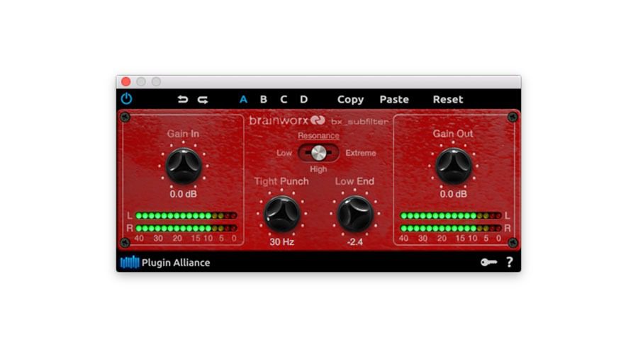 The digital rendering highlights the Brainworx bx_subfilter audio plugin interface, showcasing knobs for Gain In, Gain Out, Tight Punch frequency, and Low End intensity. Additionally, green LED level meters are present alongside buttons designated for A/B comparisons, copying settings, pasting settings, and resetting to default configurations.