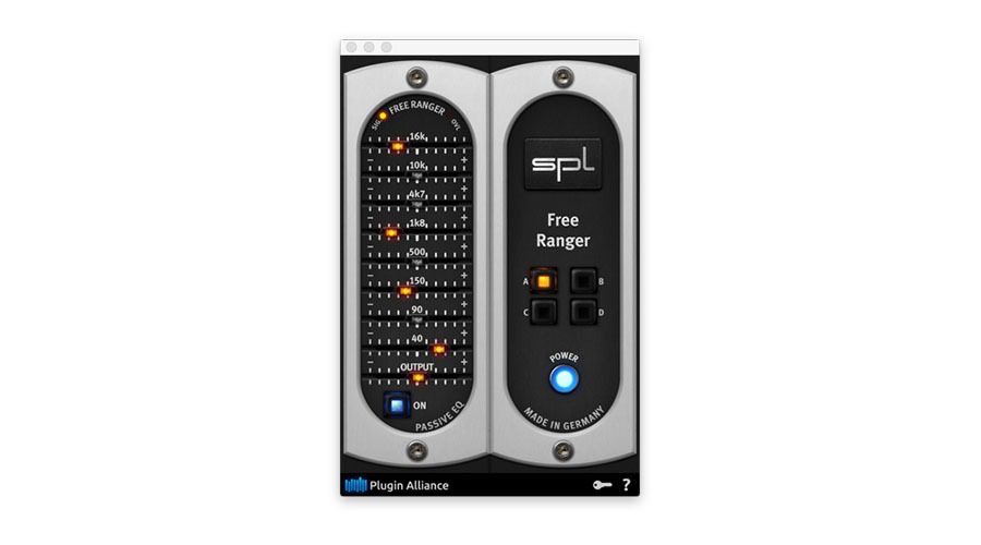 A screenshot of the SPL Free Ranger plugin by Plugin Alliance features a graphical equalizer with adjustable frequency bands and a power button. The interface includes controls labeled for various frequency settings, enhancing audio processing capabilities.