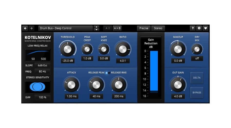 A screenshot of the Kotelnikov Mastering Compressor plugin interface is depicted. It features multiple knobs and sliders for adjusting settings such as threshold, peak crest, attack, release, ratio, and gain. The left side shows meter levels and display settings.