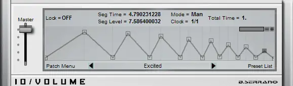 A computer interface showcasing an audio control panel contains various settings along with a graphical waveform. The controls include master volume, lock, segment time, segment level, mode, and clock. Additionally, there is a slider accompanied by buttons for accessing preset lists and patch menus.