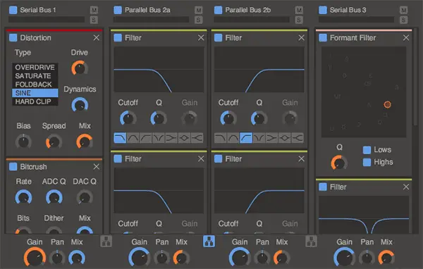 A screenshot of an audio software interface showcases a complex setup incorporating various audio effects such as Distortion, Filter, Formant Filter, and Bitcrush. Each effect features adjustable parameters including Drive, Cutoff, Q, Gain, Pan, and Mix.