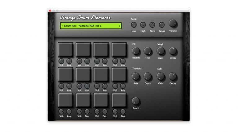 Screenshot of the "Vintage Drum Elements" UI,  showcasing a "Drum Kit: Yamaha RX5 R1" alongside 16 rectangular drum pad buttons. The user can control various effects, including vinyl, trim, gain, reverb, decay, rate, depth, and punch. 