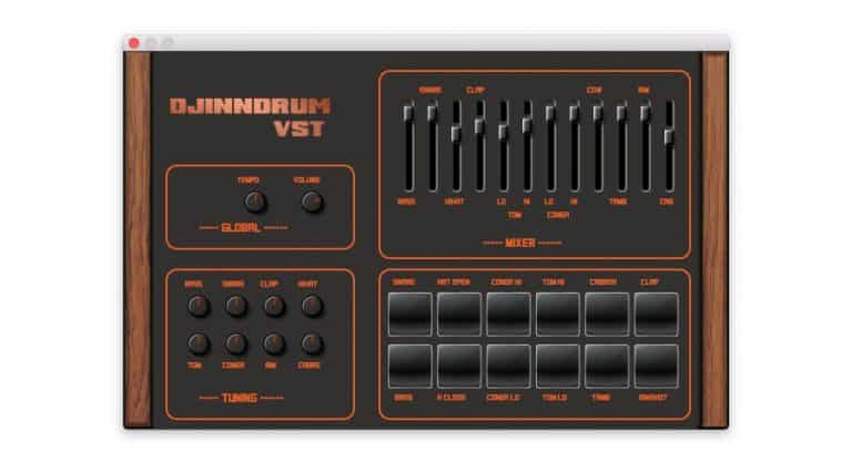 Screenshot of a DJINNDRUM UI. On the left side, volume and tuning knobs are labeled "Global" and "Tuning." On the right side, there's a "Mixer" section with sliders for different drum elements alongside a grid of pads.