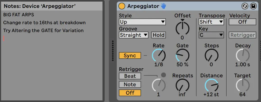Edit Info Text Screen shot from Ableton Live showing Notes written using Edit Info text option.
