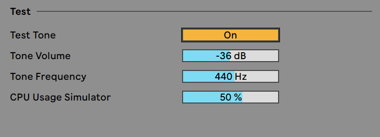 Ableton test tone menu showing options for tone settings. The "Test Tone" option is highlighted in yellow and set to "On." Other settings such as "Tone Volume," which is at "-36 dB," "Tone Frequency," listed at "440 Hz," and the "CPU Usage Simulator" showing a value of "50%," all appear in light blue against a gray background.