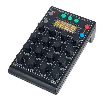 Product photo of the Faderfox EC4 black MIDI controller features multiple knobs and buttons, including 17 rotary knobs, 7 black buttons, 3 green buttons, and 1 red button. Two small digital displays are mounted on the device to show various parameters. It is labeled "Faderfox EC4.
