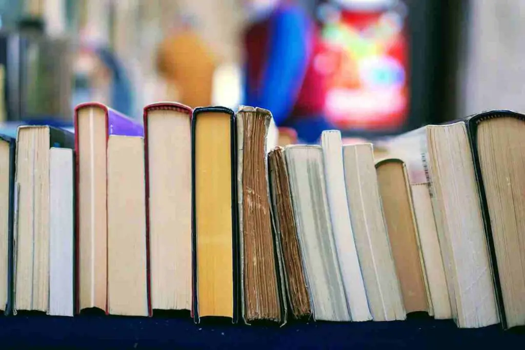 A collection of books with diverse colors and sizes stands upright on a dark surface. Behind them, the background is blurred, filled with indistinct figures and colorful shapes.