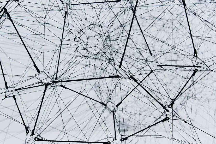 Depicting an elaborate web of intersecting black lines and nodes on a white canvas, this abstract geometric pattern presents a visually engaging complexility. The crisscrossing lines and overlapping segments form myriad polygons, instilling a sense of connection and intricate structure.