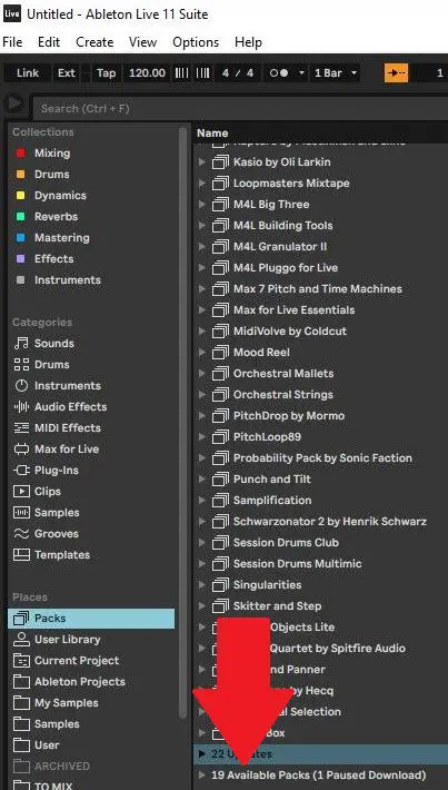 The Ableton Live 11 Suite interface screenshot showcases the browser section, featuring categories such as Collections, Categories, and Places. Within the Packs folder, multiple installed packs are visible, with a large red arrow highlighting "19 Available Packs (1 Paused Download)" at the bottom.