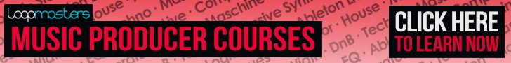 A banner image for Loopmasters advertising "Music Producer Courses" features a red background adorned with diagonal text showcasing various genre names. At the center, a prominent black and red box highlights the course title, while a black box on the right side commands attention with "Click Here to Learn Now.