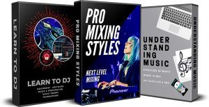 Three boxed sets of music instruction courses are displayed. From left to right: "Learn to DJ" features a DJ setup, "Pro Mixing Styles" shows a person with blue hair DJing, and "Understanding Music" depicts a laptop, sheet music, and musical notes.
