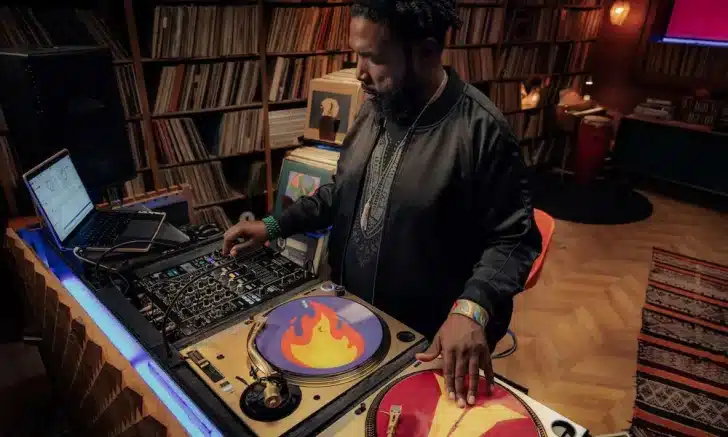 Masterclass Questlove course image showing Questlove in the studio at his turntable and mixer.