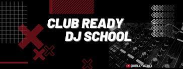 Centered in the graphic, bold white text prominently displays "CLUB READY DJ SCHOOL." The backdrop blends abstract red and black elements, with a partial glimpse of DJ equipment on the right side. In the bottom right corner, a small YouTube logo accompanies text that reads “DJ BLABER TV DJ SCHOOL.”