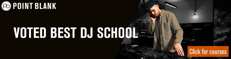 Advertising banner. Shows picture of a youong male DJing in a studio with text, Point Blank Voted Best DJ School Click for courses.  