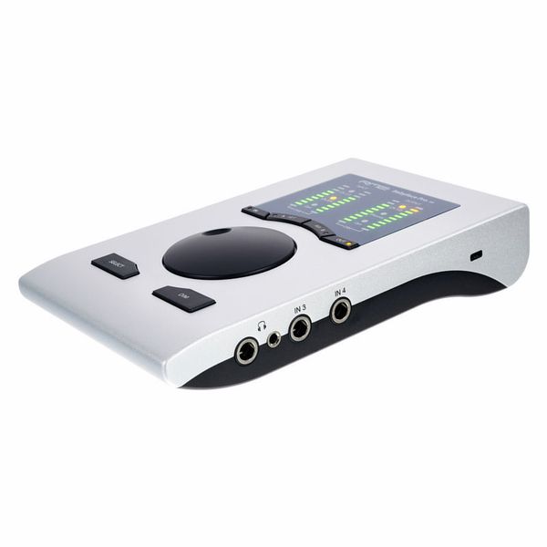 Resembling a piece of modern art, a sleek, silver audio interface features a large black control knob, illuminated level meters, and several input ports labeled "IN 1 to IN 4." The top panel also includes buttons labeled "SET" and "MIX." Its contemporary design is accentuated by smooth curves that add to its aesthetic appeal.