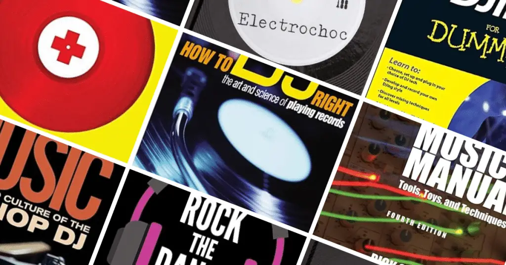 The collage showcases various DJ-related book covers, with prominent titles such as "How to DJ Right," "Rock the Dancefloor," "Music Manual," and "Electrochoc." It features vibrant colors and images of vinyl records, DJ equipment, and artistic designs.