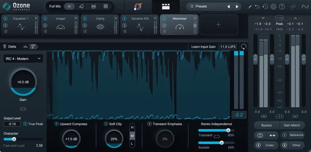 A screenshot of Ozone Advanced audio mastering software reveals an interface with a multitude of controls and visualizations. Key features include an equalizer, dynamics, gain adjustment, transient emphasis, and stereo independence settings. Output and input levels are prominently displayed on the right side of the screen.