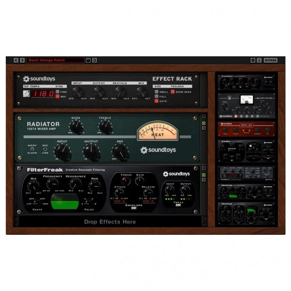 Screenshot of Soundtoys effect rack UI. The interface presents various Soundtoys plugins, including Effect Rack, Radiator, and FilterFreak. Each plugin features knobs and meters for fine-tuning sound parameters. The layout boasts three organized sections within a dark-themed color scheme.