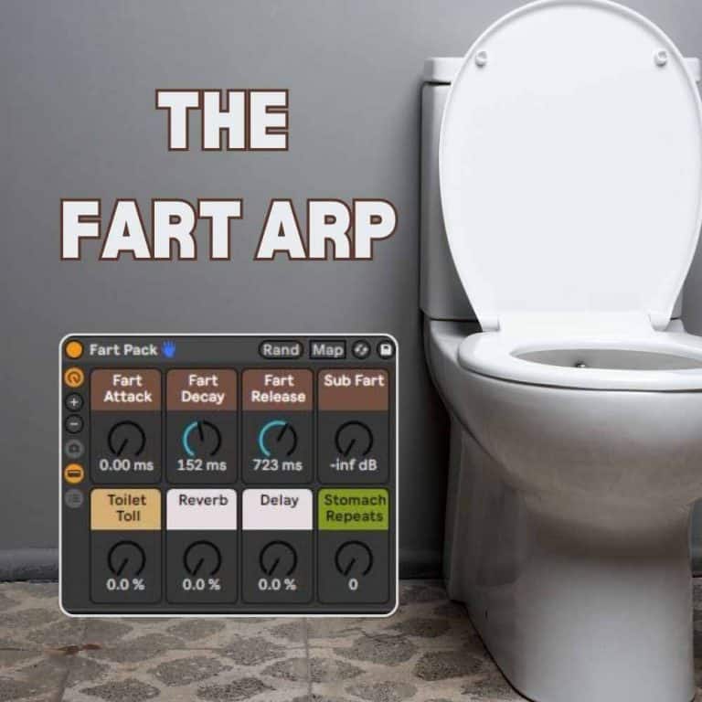 Cover image for the Ableton Fart Arp pack. Displayed next to a white toilet, "The Fart ARP" instrument rack screenshot catches the eye. The interface mimics an audio synthesizer with controls such as "Fart Attack," "Fart Decay," and "Fart Release", "Toilet Toll", "Reverb," and "Stomach Repeats.