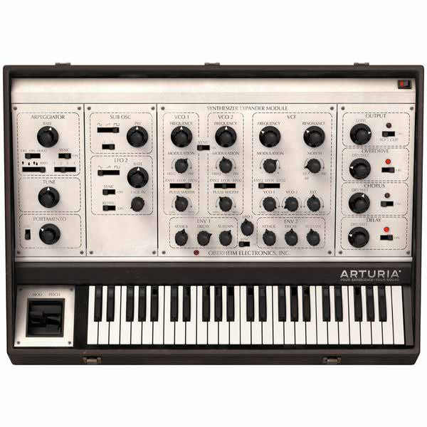 A vintage-style analog synthesizer, adorned with various knobs, switches, and sliders, features prominently. The control panel is meticulously labeled with sections for arpeggiator, sub oscillator, VCO1, VCO2, mixer, filter, and output. Below the control panel lies a keyboard with 25 keys. The unit proudly bears the brand name "Arturia.