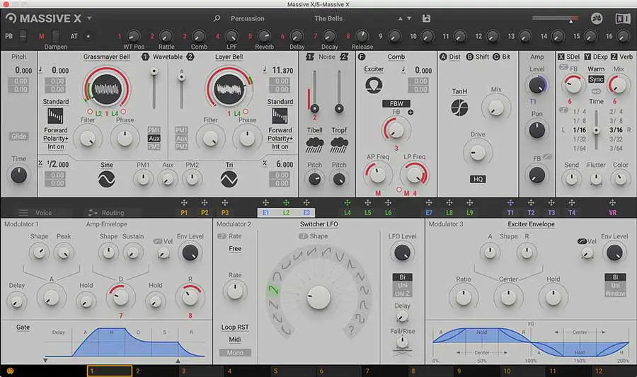 Depicting the Massive X synthesizer interface, the screenshot showcases numerous synthesis parameters such as oscillators, filters, modulation sources, and effects sections. Various knobs, buttons, and waveforms are clearly visible along with labeled controls for intricate sound design configurations.