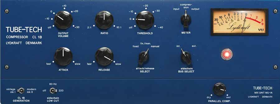 Screnshot of The blue Tube-Tech Compressor CL 1B, adorned with various knobs for output volume, ratio, threshold, attack, release, attack/release selection, and sidechain bus select control. The device includes a VU meter prominently displayed and a single red light indicator to monitor signal levels. The branding proudly states "Lydkraft Denmark.