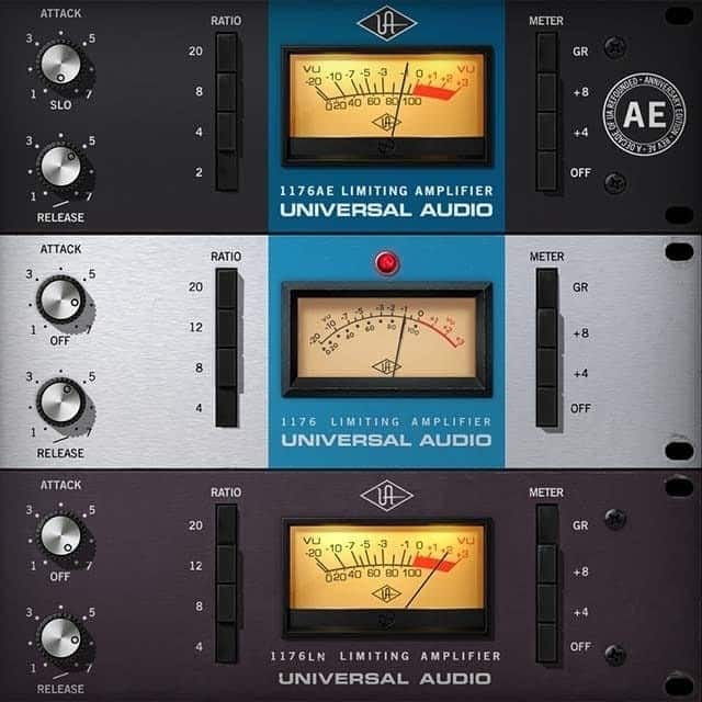 Three Universal Audio 1176 limiting amplifiers are stacked vertically, showcasing different finishes: the top one in silver, the middle in blue, and the bottom in black. Each amplifier comes equipped with a VU meter, knobs for ratio, attack, and release settings, as well as meters for gain reduction and output level.